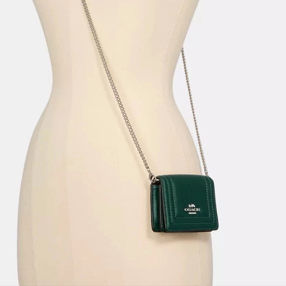 Coach Mini Wallet on Chain Border Quilting Ivy Green Silver C7364 Credit Card ID